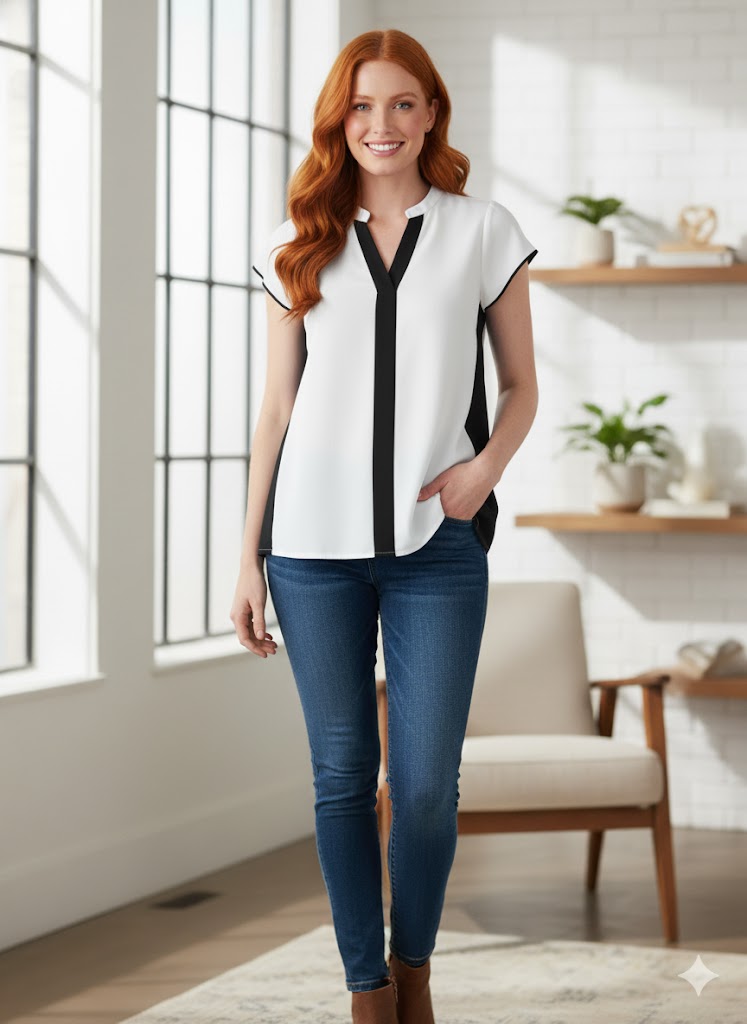 Black & White V Neck Top